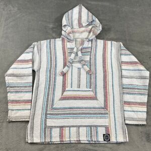 Orizaba Original Baja Hoodie Mens M White Multi Striped Mexican Poncho Boho